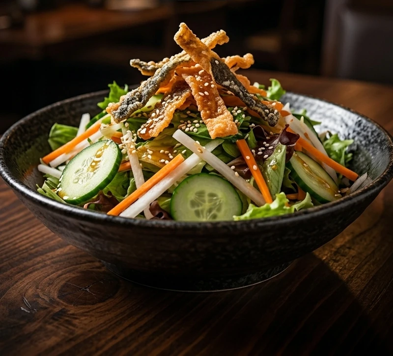 Salmon Skin Salad at Kon'ya Japan, Japanese restaurant in Calgary, Alberta